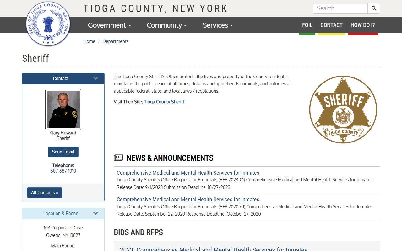 Tioga County Sheriff's Office website for Tioga County jail mugshots lookup