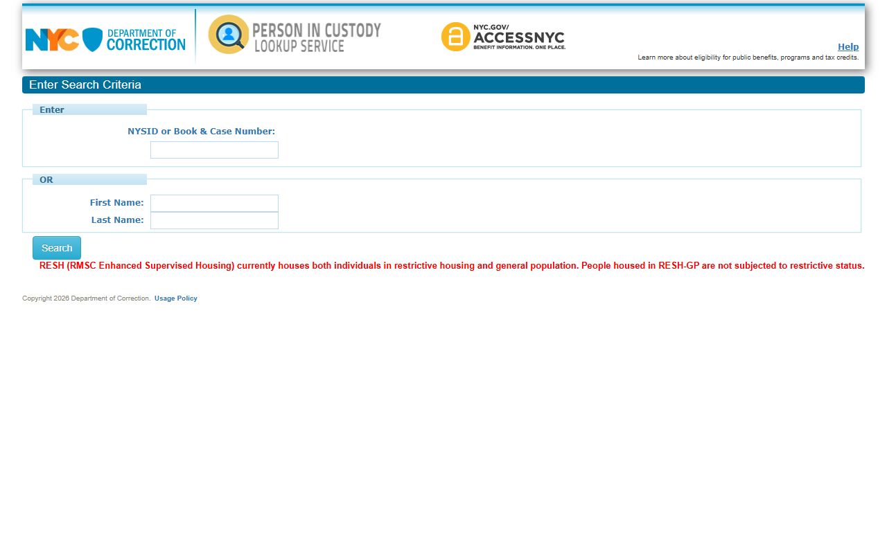 NYC DOC Person in Custody Lookup for searching New York City jail mugshots