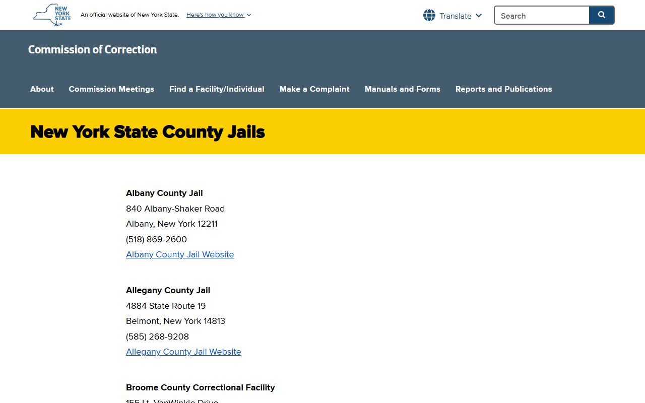 New York State County Jail Directory listing all facilities for jail mugshot searches